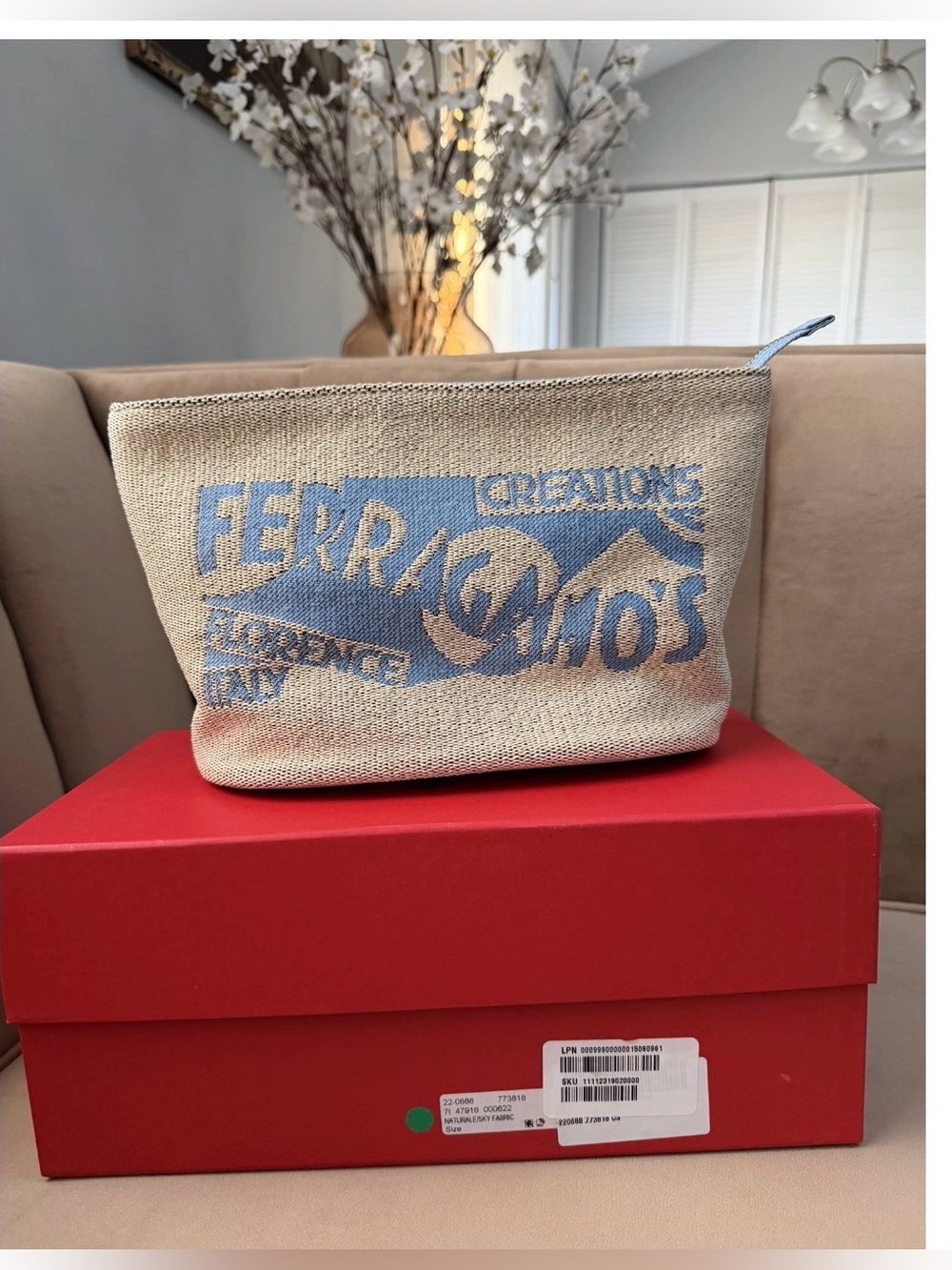 Salvatore Ferragamo Natural Canvas Pouch with Light Blue Logo